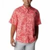 Men's Columbia PFG Super Tamiami Gingham Button Up Shirt Red Hibiscus Hawaiian