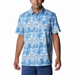 Men's Columbia PFG Super Slack Tide Camp Button Up Shirt Blue Macaw Trout