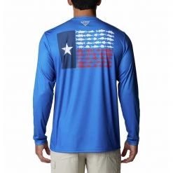 Men's Columbia PFG Terminal Tackle Fish Flag Long Sleeve Shirt Cool Grey/texas Fish